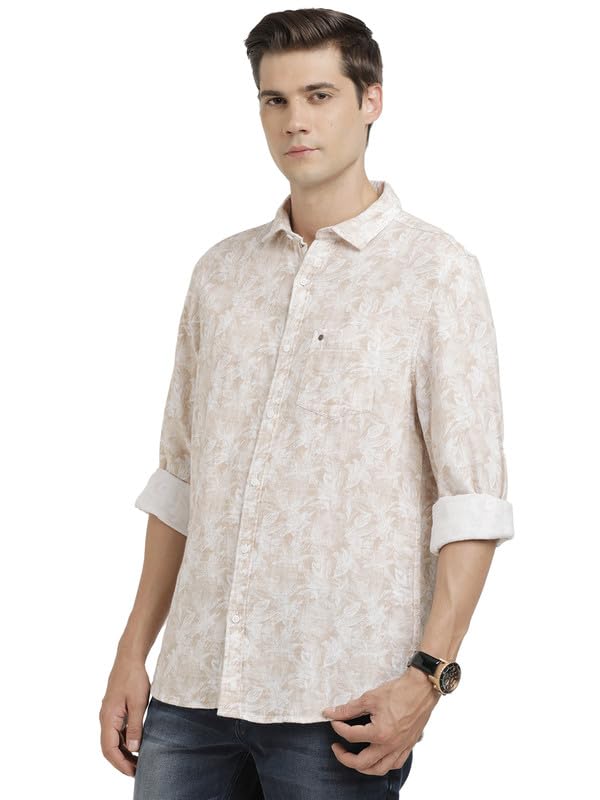 Turtle Men 100% Cotton Slim Fit Beige Printed Casual Shirt