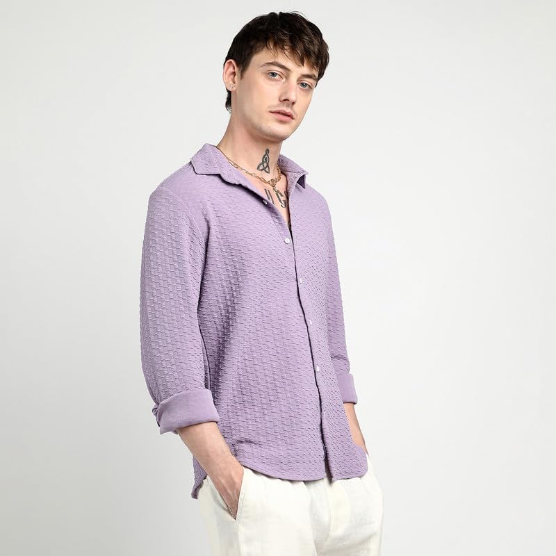 Campus Sutra Mens Lilac Ripple Box Shirt for Casual Wear | Spread Collar | Long Sleeve | Button Closure | Shirt Crafted with Co