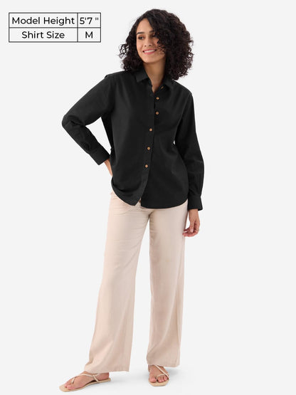 The Souled Store Black: Women & Girls Long Sleeve Collared Neck Button Down Regular Fit Cotton Linen Shirts