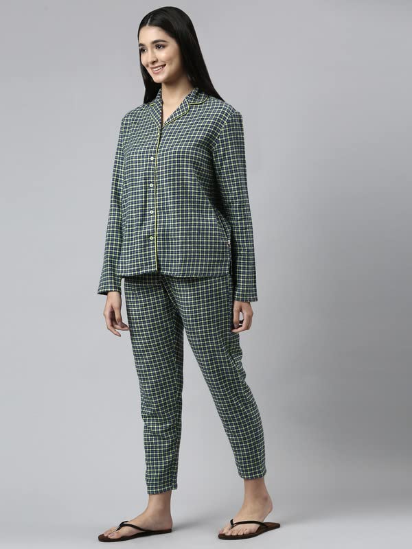 Enamor Essentials Relaxed Fit Cotton Flannel Woven Lazy Full Sleeve Shirt & Mid Rise Pant Set for Womens-EC20 (EC20_Navy Plaid A