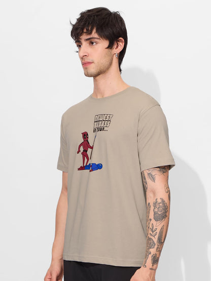 The Souled Store Official Deadpool: Newest Badass Men and Boys Short Sleeves Round Neck Brown Graphic Printed Regular Fit Cotton