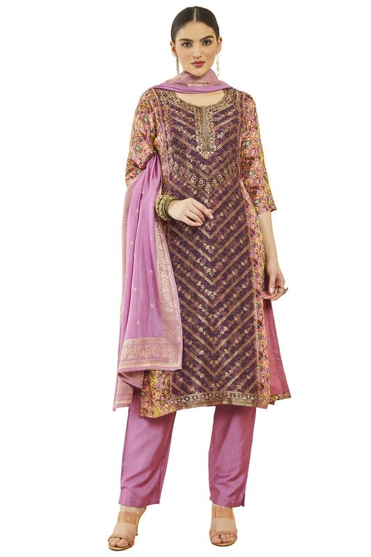 Soch Womens Magenta Brocade Bird Print And Zari Woven Suit Set With Dupatta