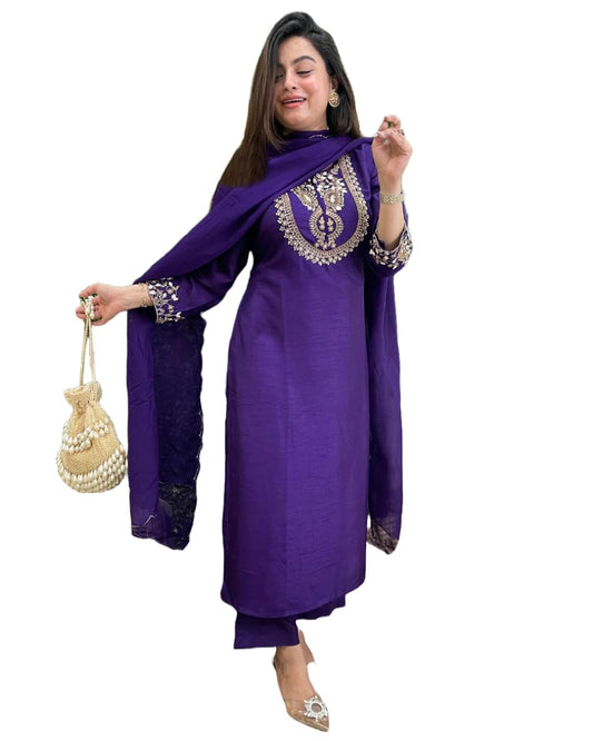 Gosriki WomenS Rayon Blend Staright Embroidered Kurta With Pant & Dupatta (Hansika Begani-Gs_Xxl_Begani_Xx-Large)