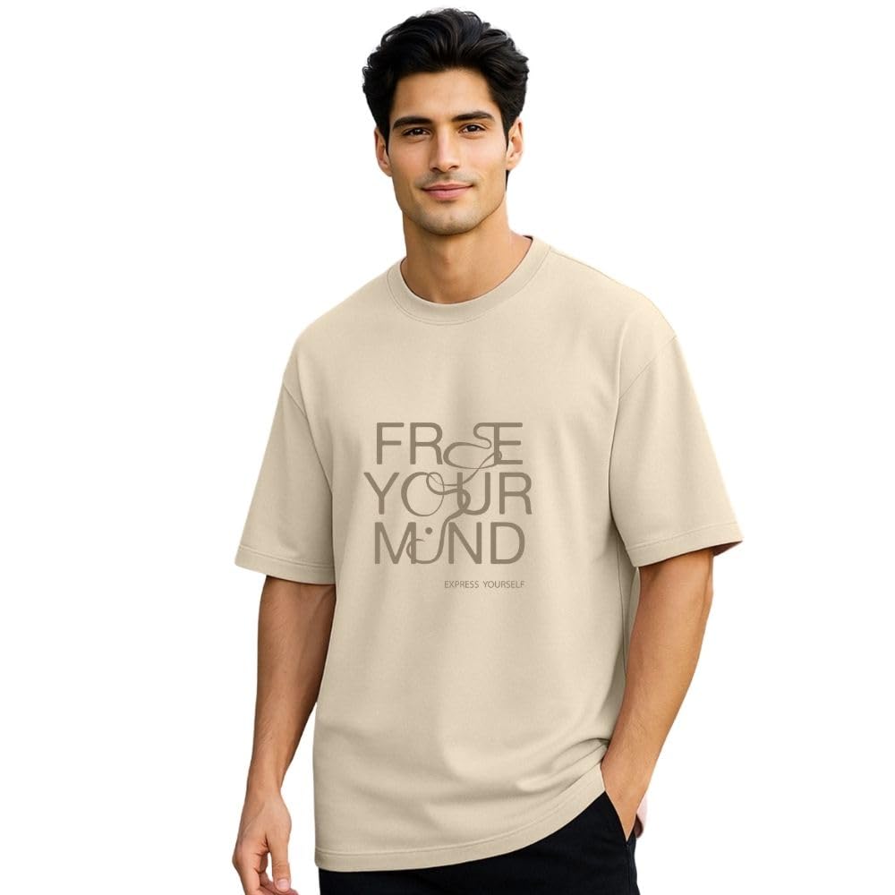 Nobero MenS Printed Oversized Fit T-Shirt (1M-Twrt-C0910-Og_Sand_1