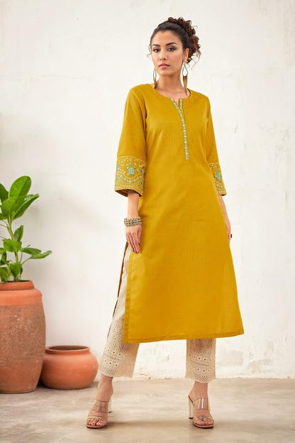Soch Womens Mustard Silk Blend Embroidered Kurta Set With Thread Work
