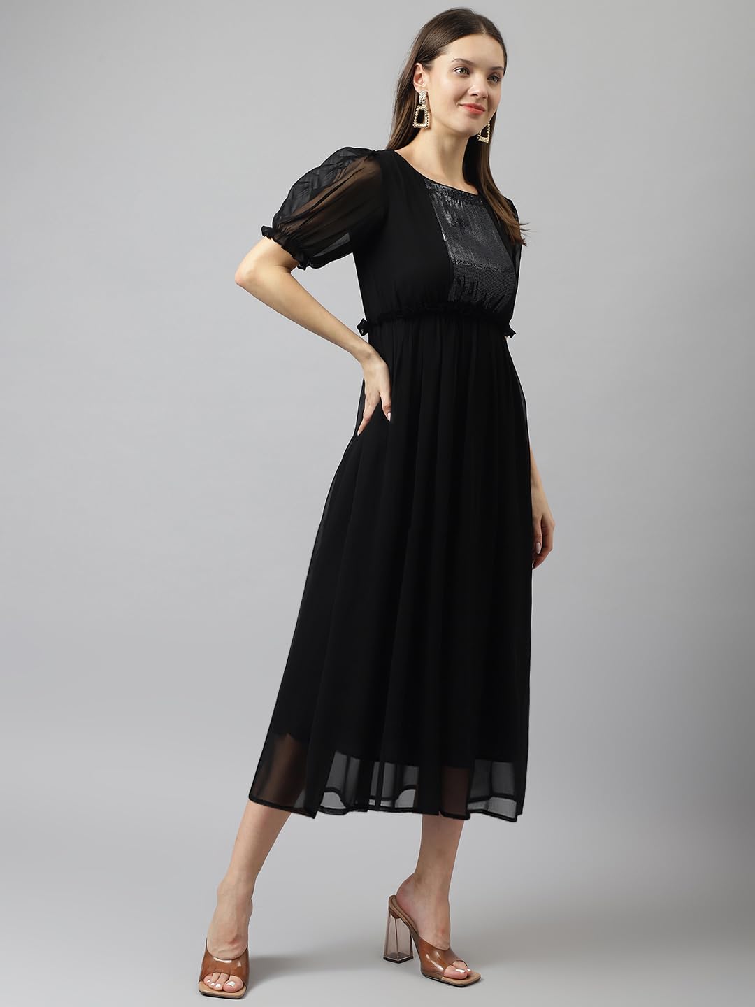 Toochki WomenS Black Sequence Georgette Solid Fit & Flared Western Dress | Dress For Women | A Line Dress | Winter Dress | West