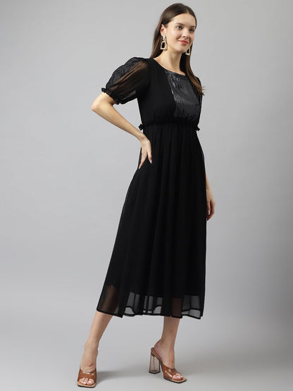 Toochki WomenS Black Sequence Georgette Solid Fit & Flared Western Dress | Dress For Women | A Line Dress | Winter Dress | West