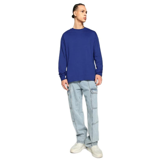 Bewakoof Mens Cotton Solid T-Shirt- Oversized Fit, Round Neck, Full Sleeves 564679_Blue 01_L