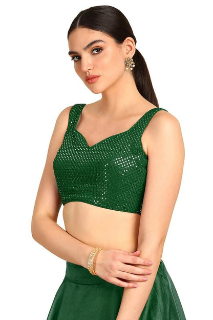 Soch Womens Green Sequinned Sweetheart Neck Georgette Padded Blouse