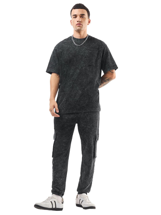 Bewakoof Heavy Duty 1.0 Mens Self Design Oversized Fit Half Sleeve Round Neck Terry Acid Wash Co-ordinates_617339_Black_XL