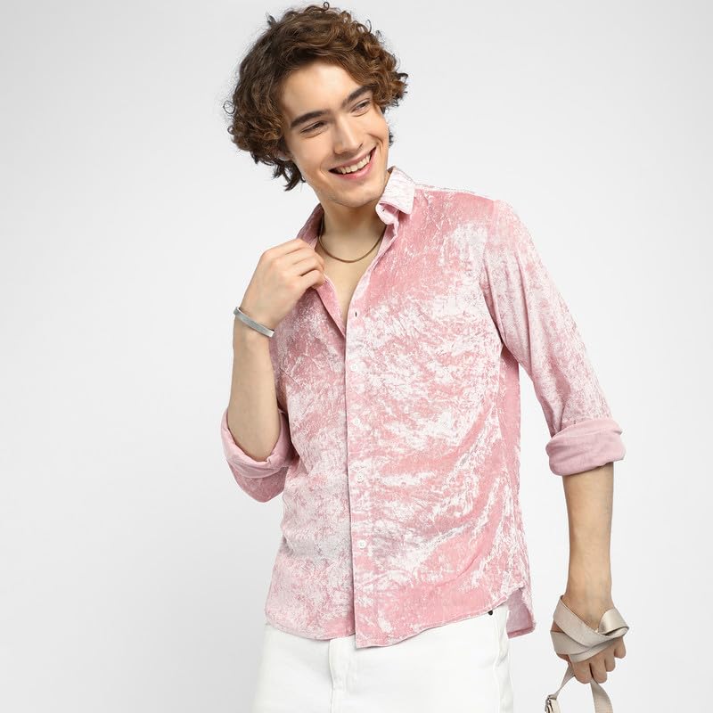 Campus Sutra Mens Blush Pink Solid Velvet Shirt for Casual Wear | Spread Collar | Long Sleeve | Button Closure | Shirt Crafted