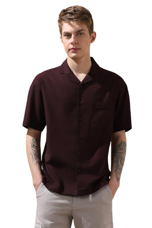 Dennis Lingo Men Relaxed Fit Wine Half Sleeves Cotton Shirt