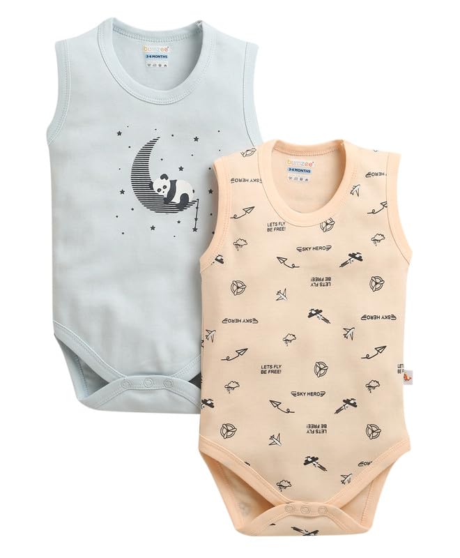 BUMZEE Baby Boys Cotton Sleeveless Graphic Print Bodysuit Pack of 2 Sky Blue & Peach - New Born (Peb11210A-sbl)