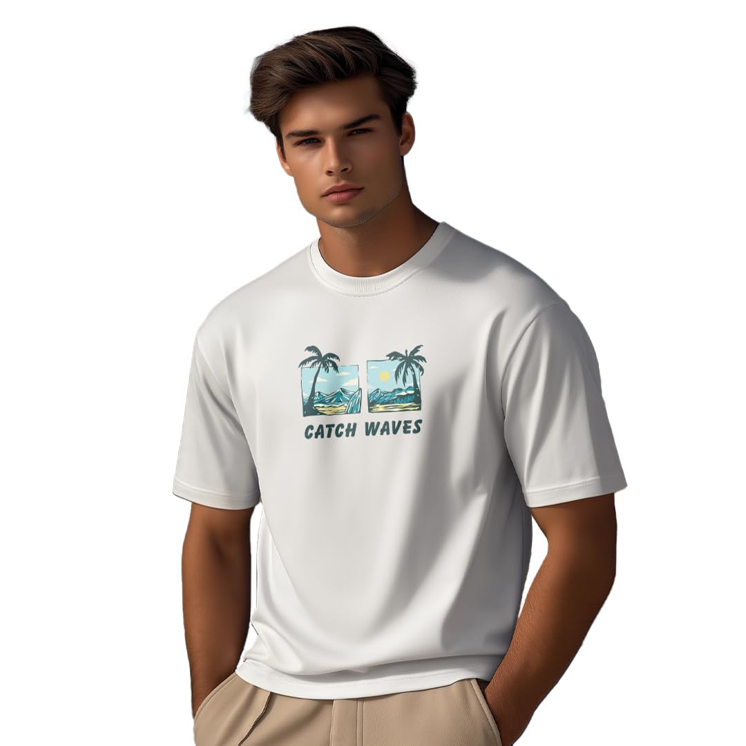 Nobero MenS Graphic Print Regular Fit T-Shirt (1M-Twts-C1030-Sa_Catch Waves-White