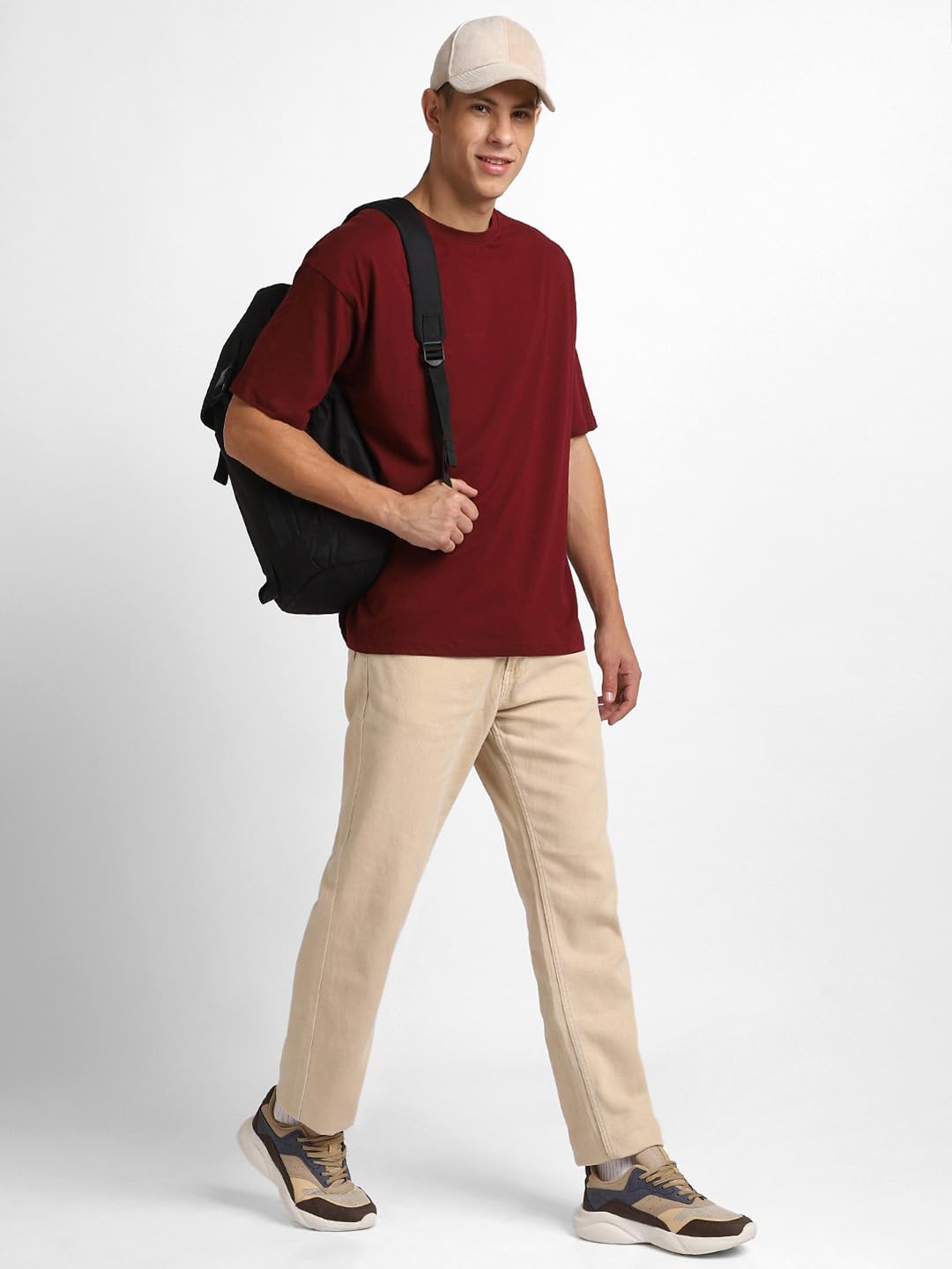 Nobero MenS Graphic Print Oversized Fit T-Shirt (1M-Twrt-C0838-Pal_Wine Red