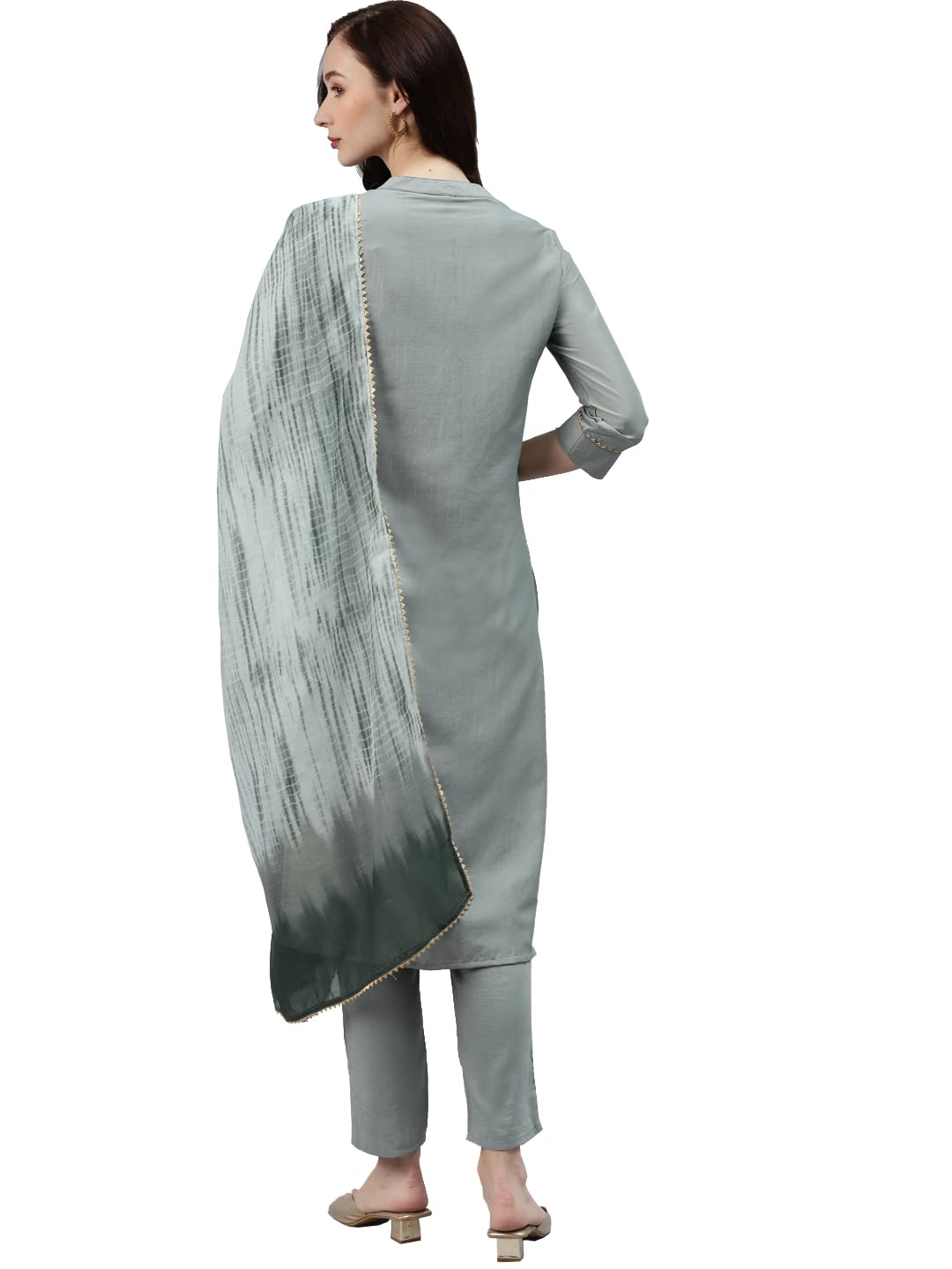 ZIYAA Women's Green Chinon Straight Kurta, Pant And Dupatta Set(ZISKDCH3543)