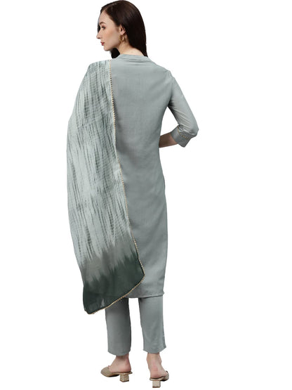 ZIYAA Women's Green Chinon Straight Kurta, Pant And Dupatta Set(ZISKDCH3543)