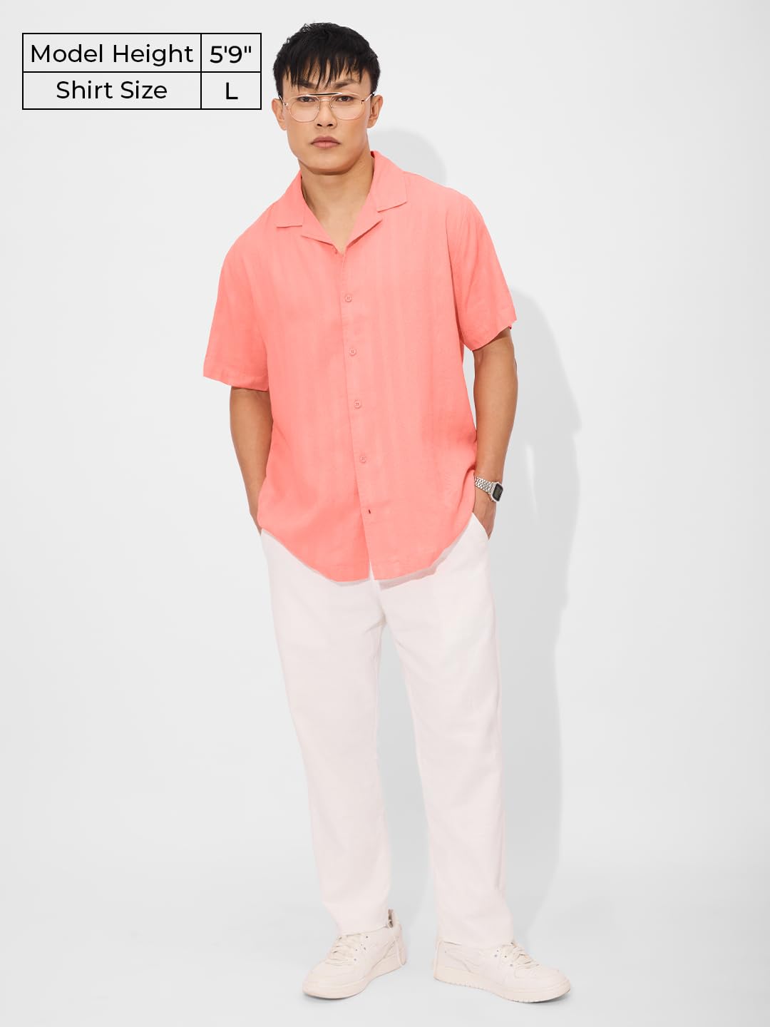 The Souled Store Solids: Peachy Pink Men and Boys Short Sleeves Collared Neck Button Down Solid Viscose Textured Holiday Shirts