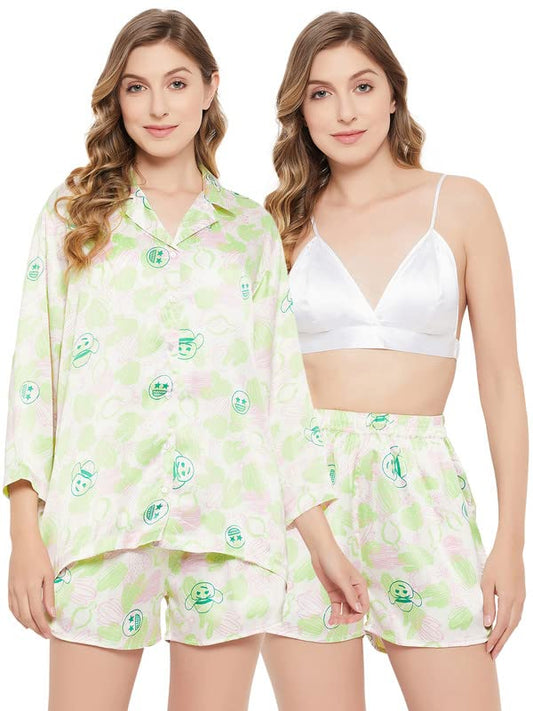 Clovia Womens Satin Emoji Print 3 Piece Nightwear Set (LS0666D18_Pink & Green_XXL)