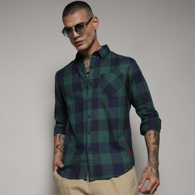 Campus Sutra Mens Navy Blue & Forest Green Buffalo Check Shirt for Casual Wear | Spread Collar | Long Sleeve | Button Closure |