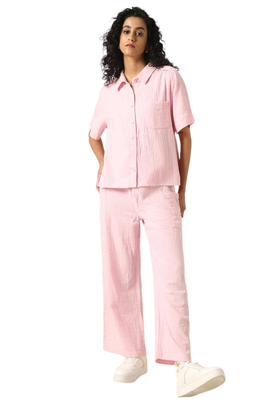 Hubberholme Women Cotton Solid Oversized Fit High-Rise Spread Collar Short Sleeves Co-Ord