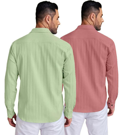 Deelmo Combo Of MenS Casual Button Down Shirts Long Sleeve Linen Shirt Fashion Textured Summer Shirts Pack Of 2