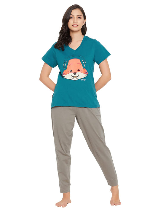 Clovia WomenS Cotton Printed Top & Basic Pyjama Set (Ls0557D08_Blue_Xl)