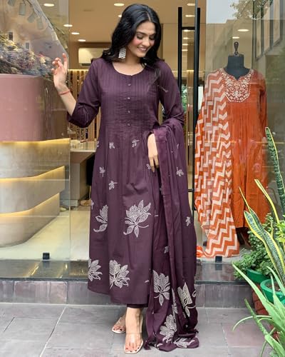 GoSriKi Women's Rayon Printed Kurta Set with Pants & Dupatta, 5XL, Bordeaux Red, Model Gangori Wine-GS