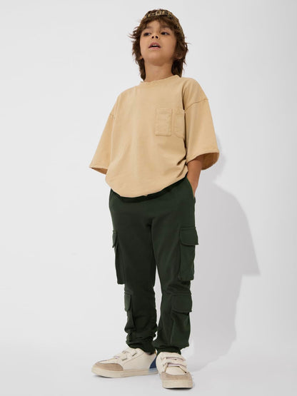 The Souled Store Solids: Olive Green Boys Drawstringed Straight Fit Cotton Joggers