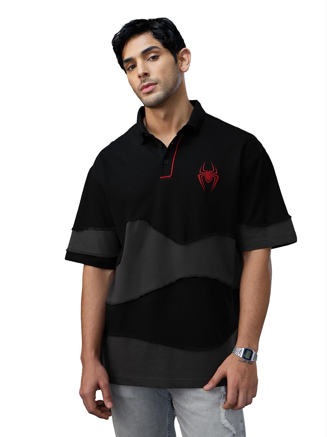 The Souled Store Spider-Man: Miles Morales Men and Boys Short Sleeves Collared Neck Button Front Black Embroidered Cotton Oversi