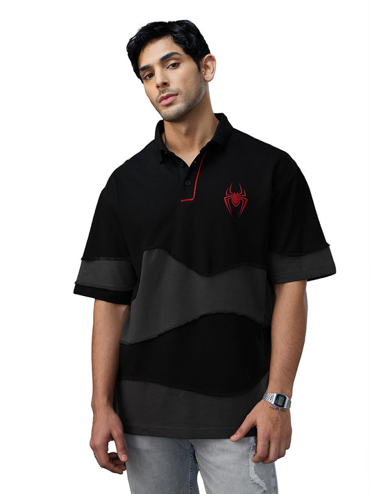 The Souled Store Spider-Man: Miles Morales Men and Boys Short Sleeves Collared Neck Button Front Black Embroidered Cotton Oversi
