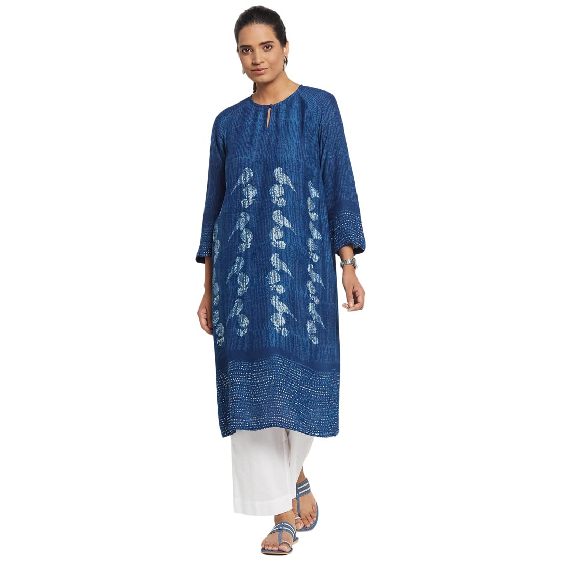 Fabindia Women Blend Printed Straight Long Kurta Viscose_S Blue
