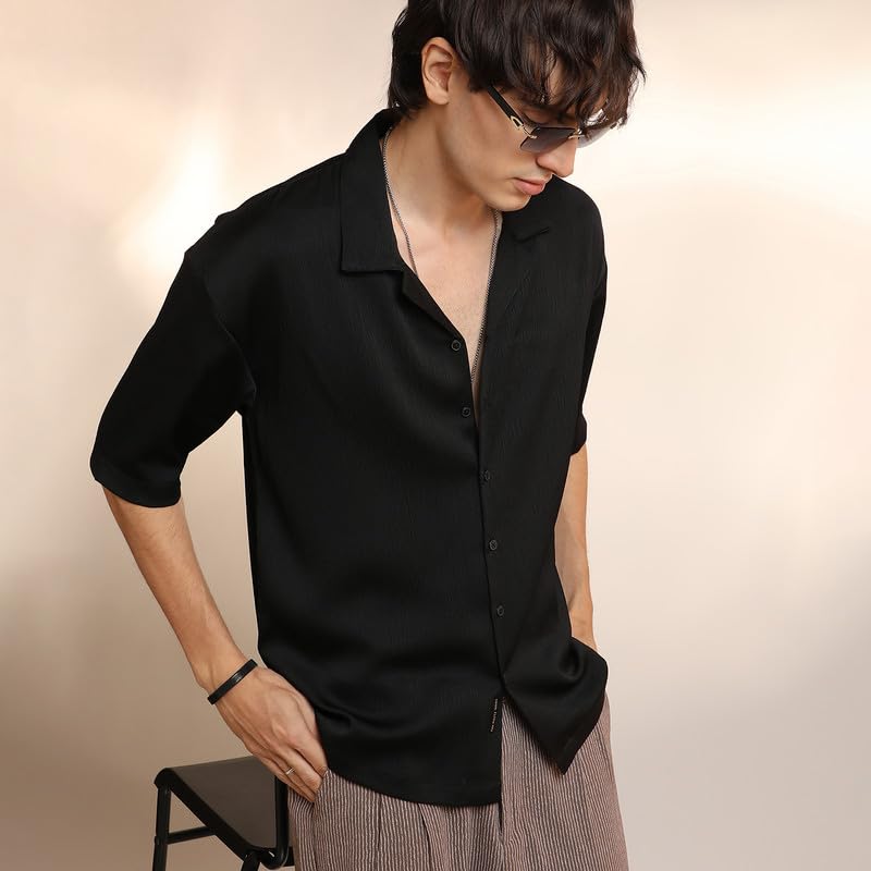 Campus Sutra Mens Onyx Black Solid Crinkle Oversized Shirt for Casual Wear | Cuban Collar | Short Sleeve | Button Closure | Ove