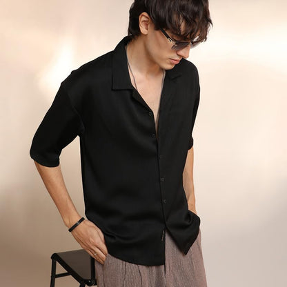 Campus Sutra Mens Onyx Black Solid Crinkle Oversized Shirt for Casual Wear | Cuban Collar | Short Sleeve | Button Closure | Ove