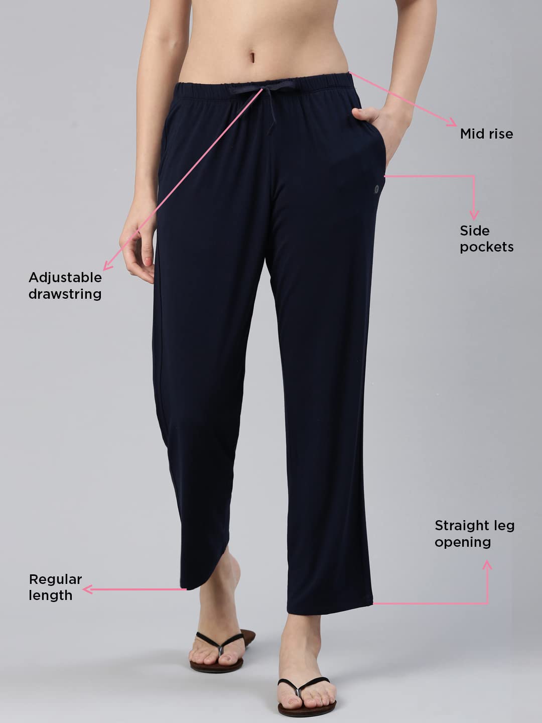 Enamor E404 Mid-Rise Straight Leg Basic Home Pant for Women Navy