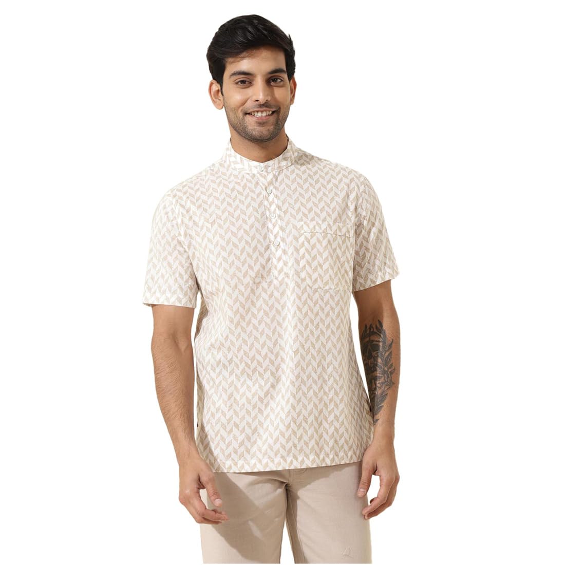 Fabindia MenS Printed Relaxed Fit Shirt (1036438White- White-Brown