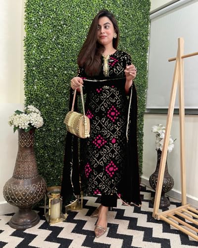 GoSriKi Ladies Viscose Rayon Printed Bandhej Kurta Set with Trousers & Dupatta, Large, Black, Model TURAE-RED-G8S