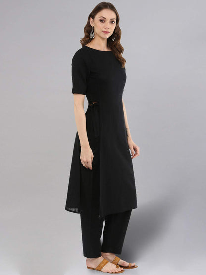 Idalia Rayon Solid Straight Black Kurta Set For Women Round V Neck Designer Kurta With Pant