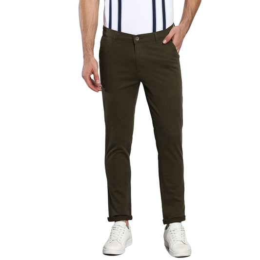Dennis Lingo Solid Cotton Mens Casual Trouser, Tapered Fit, Mid Rise, Ankle Length Chinos Trousers Olive