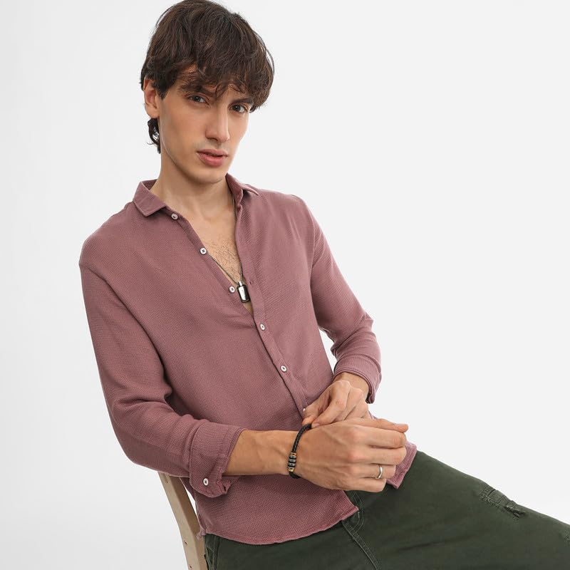 Campus Sutra Mens Nude Pink Woven-Textured Shirt for Casual Wear | Spread Collar | Long Sleeve | Button Closure | Shirt Crafted