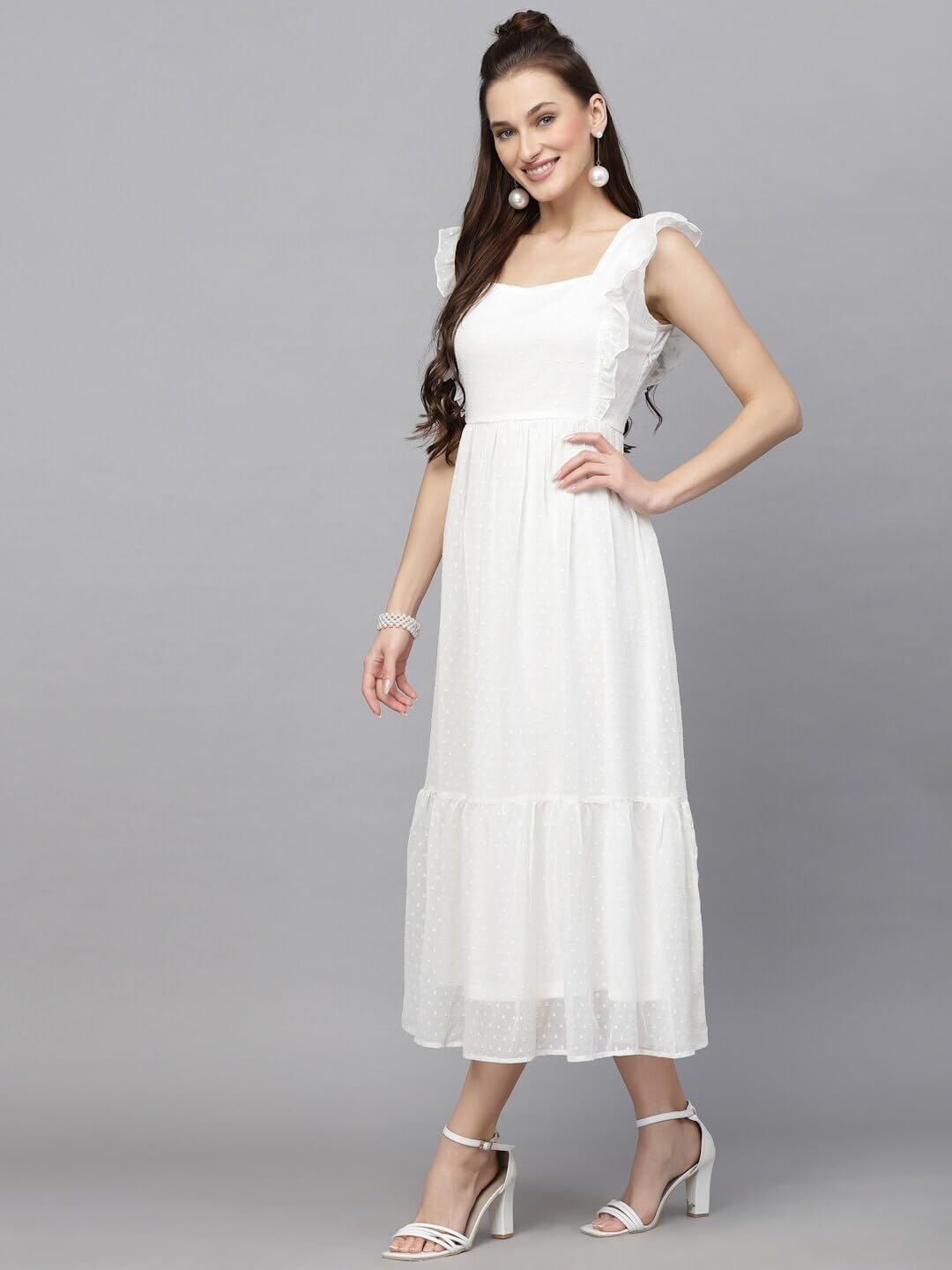 Avanova Georgette Jacquard Butti White Square Neck Knee Length Western Dresses For Women