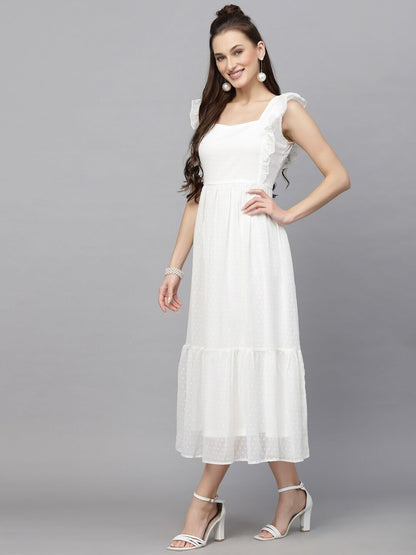 Avanova Georgette Jacquard Butti White Square Neck Knee Length Western Dresses For Women
