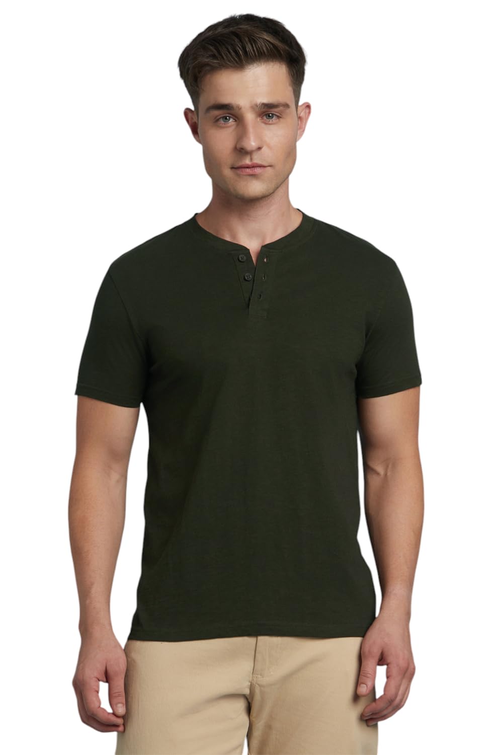 Dennis Lingo Men Solid Cotton Slub Regular Fit Half Sleeves Round Neck T Shirts Olive