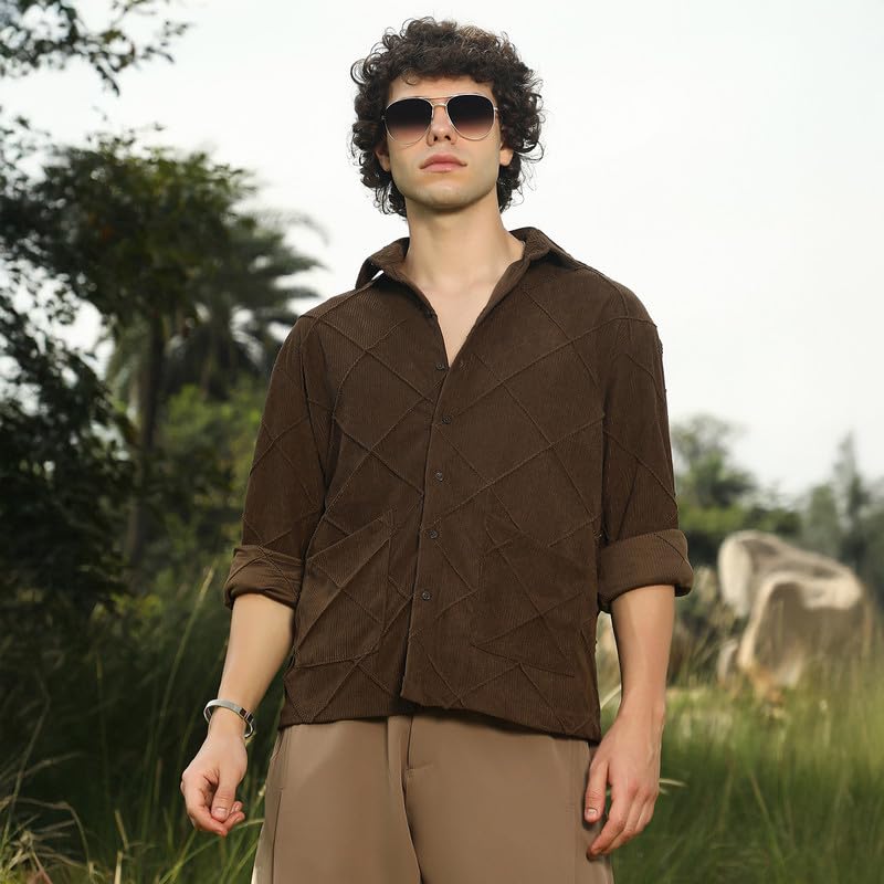 Campus Sutra Mens Coffee Brown Crosshatch-Tactile Oversized Shirt for Casual Wear | Spread Collar | Long Cuffed Sleeves | Butto
