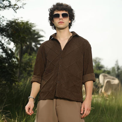 Campus Sutra Mens Coffee Brown Crosshatch-Tactile Oversized Shirt for Casual Wear | Spread Collar | Long Cuffed Sleeves | Butto