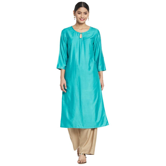 Fabindia Women Viscose Silk Long Kurta Turquoise