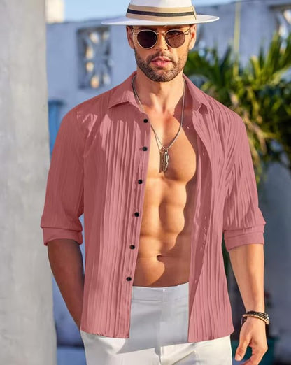 Deelmo Combo Of MenS Casual Button Down Shirts Long Sleeve Linen Shirt Fashion Textured Summer Shirts Pack Of 2