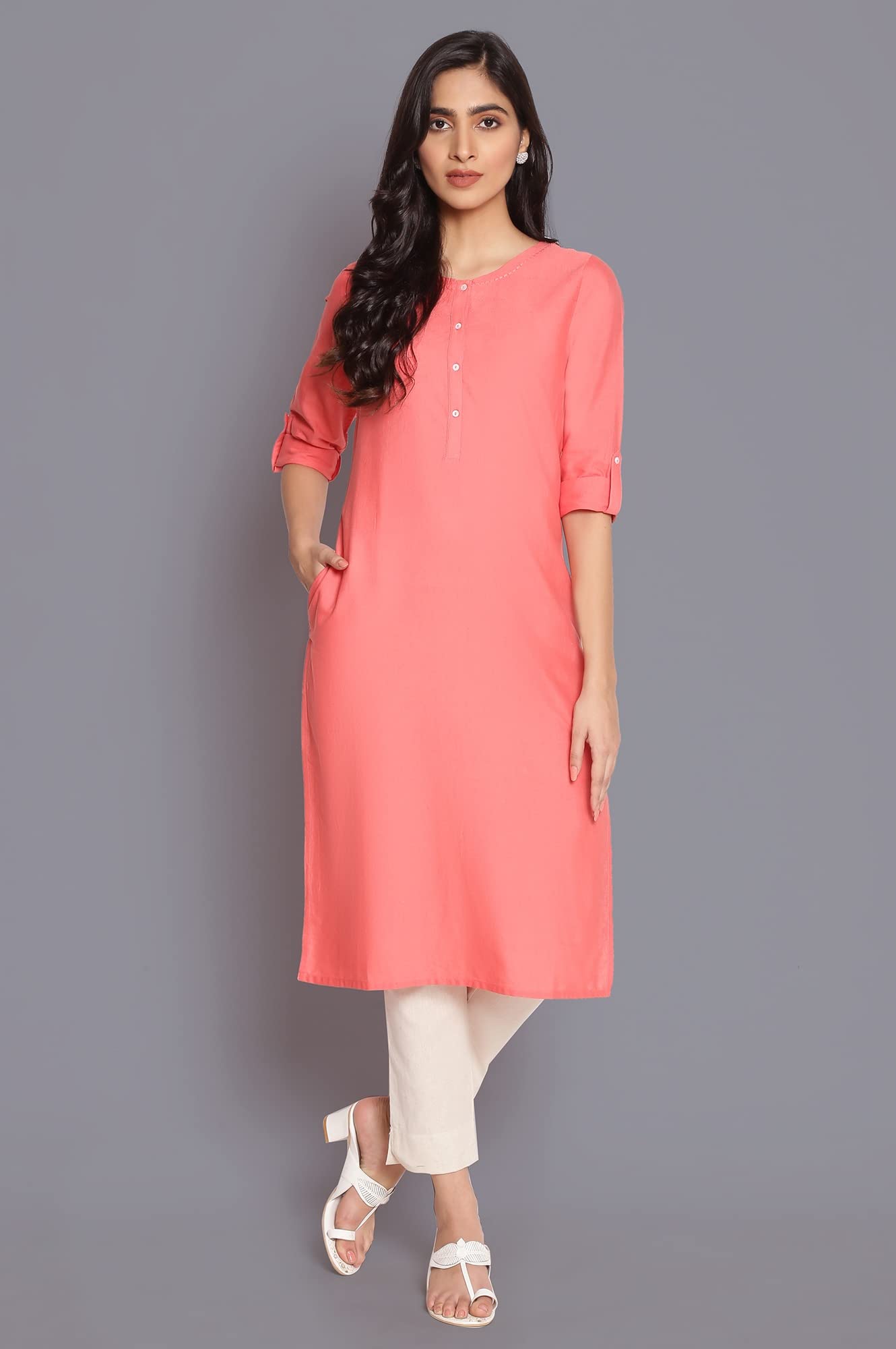 W for Woman Yellow and Peach Solid Thread Work Straight Cotton Flax Kurta Combo