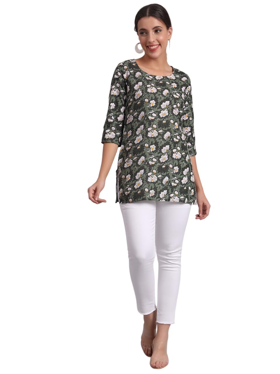Patlani WomenS Cotton Printed Short Fullstitched Kurti/Kurtas. Green