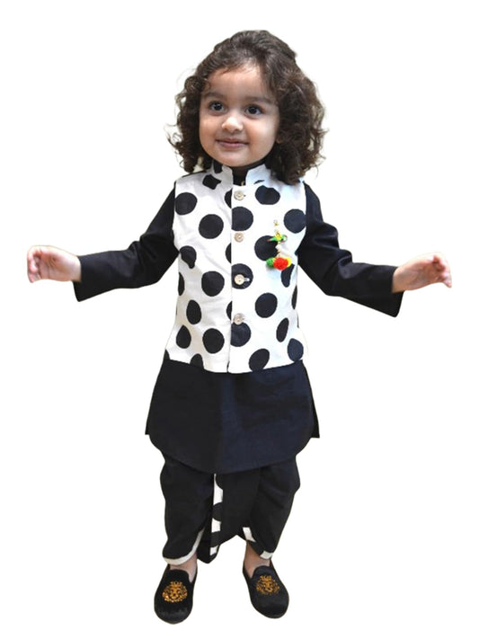A.T.U.N. (ALL THINGS UBER NICE) Boys Ethnic Wear Black White Dhoti Kurta with Polka Dot Linen Jacket Set (3 Piece Set)